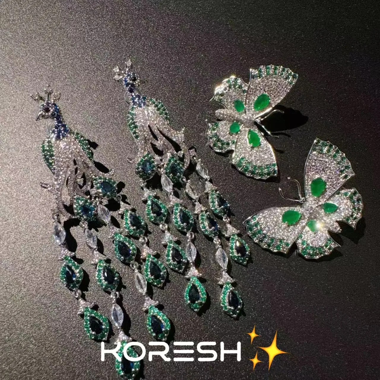 

Women's Colombian Green Zircon Teardrop Earrings with Sparkling Tassel 18K Gold Plated Butterfly Design