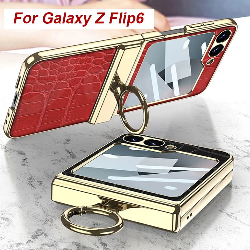 

Luxury Plating Leather case for Samsung Galaxy Z Flip 6 5 magnetic all-included hinge ring holder cover for Galaxy Z flip 4 case