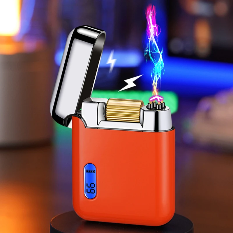 Windproof Dual Arc Lighter Type-c Charging Electronic Lighter Ratchet Roller Ignition Steel Sound Power Display Smoking Gadgets