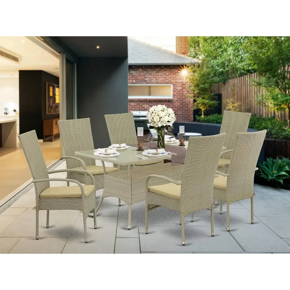 

Dining Tables, 7 Piece Patio Furniture Wicker Outdoor Set Consist of A Rectangle Dinings Table with Glass Top, Dining Tables