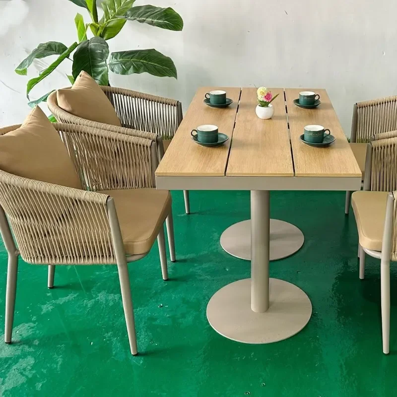 for Outdoor Plastic Wood Tables and Chairs Garden Antiseptic Wood Leisure Set Waterproof Sunscreen Patio Table and Chair