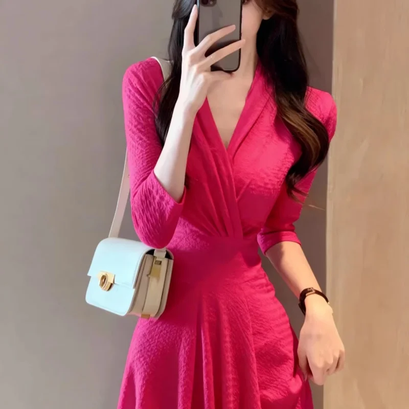 

Элегантное приталенное платье цвета розовой розы для женщин, новинка 2026 года, высококачественное коктейльное платье для вечеринок, весна-осень-зима W2392