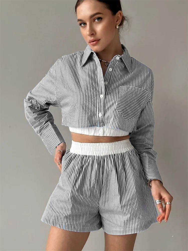 Wmstar Women Two Piece Set Summer Striped Short Sets Cotton Long Sleeve Shirts Loose Elastic Waist Mini Shorts Office Outfits