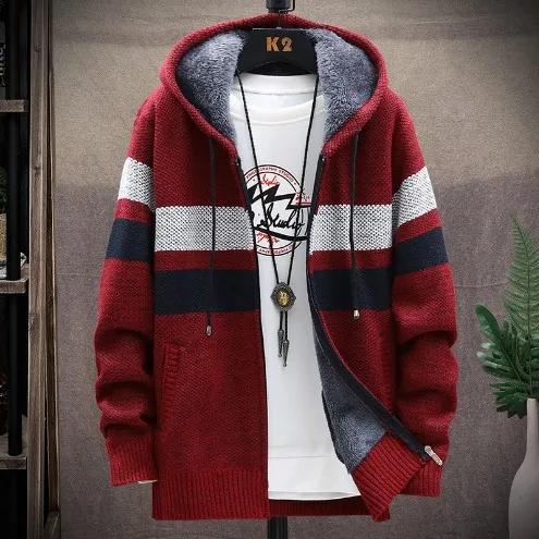 Autumn Winter Men's Fleece Thickened Sweater Loose Color Matching Knitted Sweater Long-sleeved Sweater Jacket Cardigan