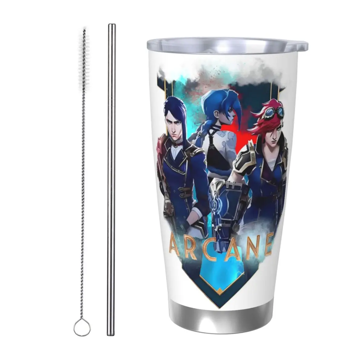Arcane Anime Vi Jinx Vaso de acero inoxidable Tazas aisladas al vacío Botella térmica fría Pajita con tapa 20 oz