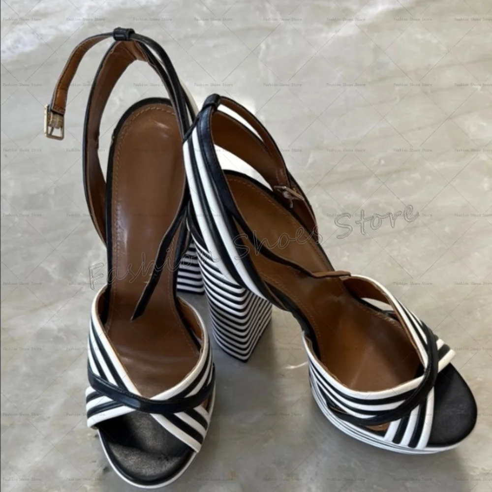

Black White Stripes Platform Peep Toe Sandals Buckle Strap Women Shoes Thin High Heels Party Banquet Dating 2025 Zapatos Para Mu