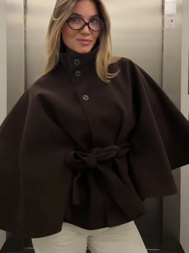 

Элегантное однотонное пальто с рукавами «летучая мышь», женское однобортное пальто на шнуровке с воротником-стойкой и поясом, осень 202, модная женская верхняя одежда