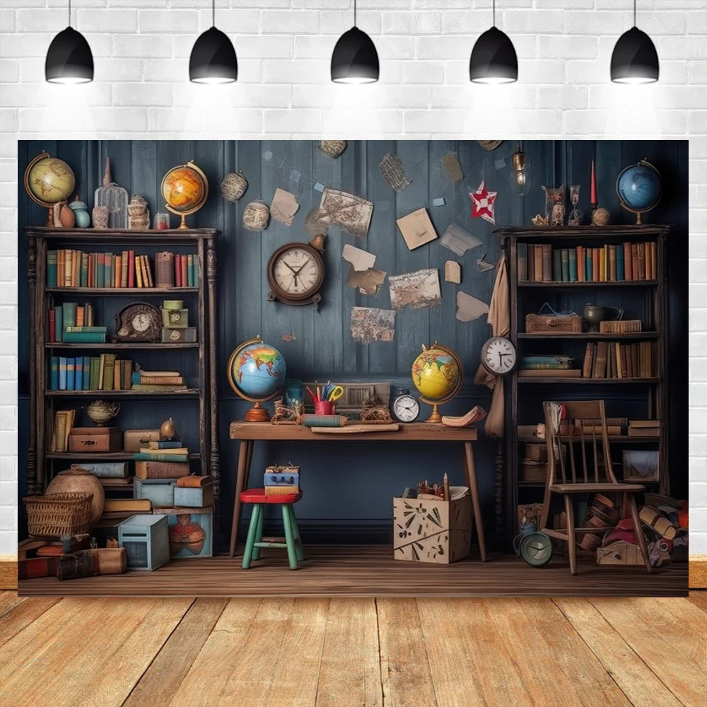 Vintage Bookshelf Globe Photography Background Back to School Party Bookcase Decor Kids Birthday Portrait Photo Studio Backdrop