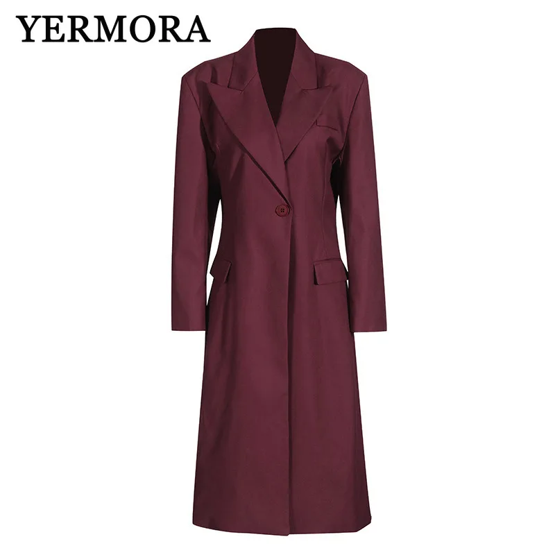 YERMORA Rode Knop Casual Geul Voor Vrouwen Revers Mode Tij Loose Fit Lange Blazer Elegante Windjack Lente Herfst 2025 EEN 209