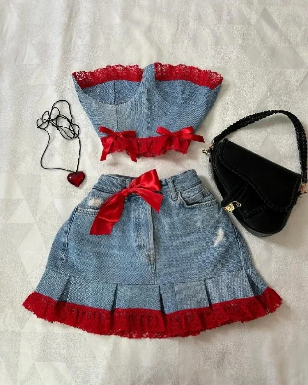 

Gothic Skirt Two Piece Sets Womens Y2K Clothing Sexy Hot Sweetheart Harajuku Bow Retro Blue Denim Skirt Slim Strap Top Tops Set