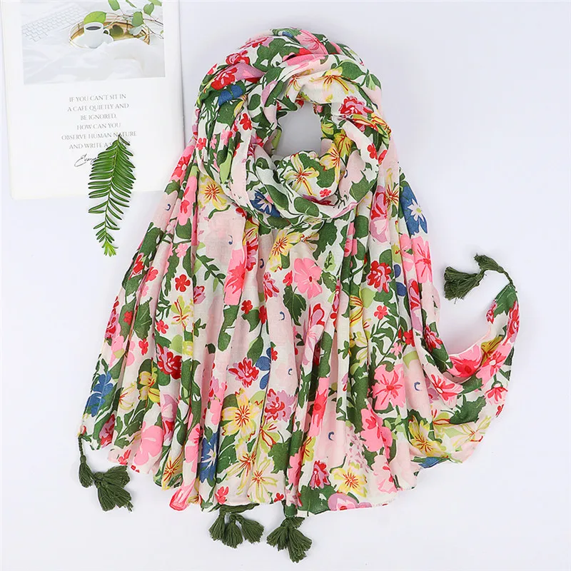 Spain Fashion Brand Lovely Garden Floral Tassel Viscose Shawl Scarf Lady Soft Pashmina Hijabs and Wraps Bufandas Muslim Sjaal