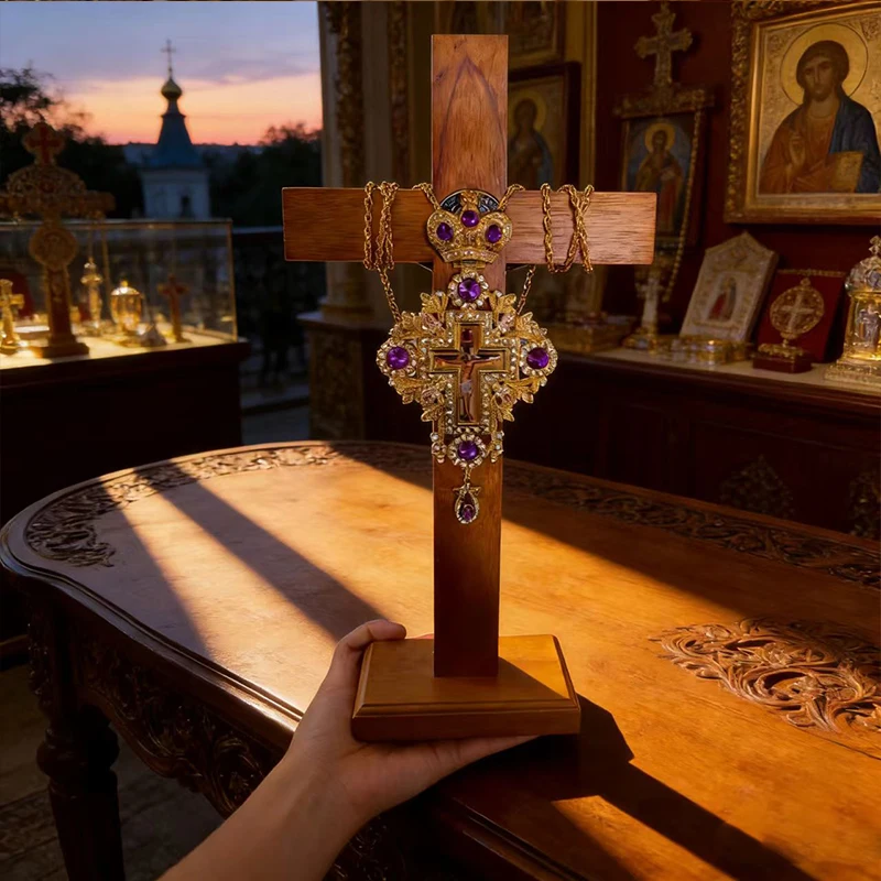 Exquisite Purple Jewel Inlaid Gold Orthodox Priest Cross Necklace Large Pectoral Crucifix For Christian Devotion And Faith Gift