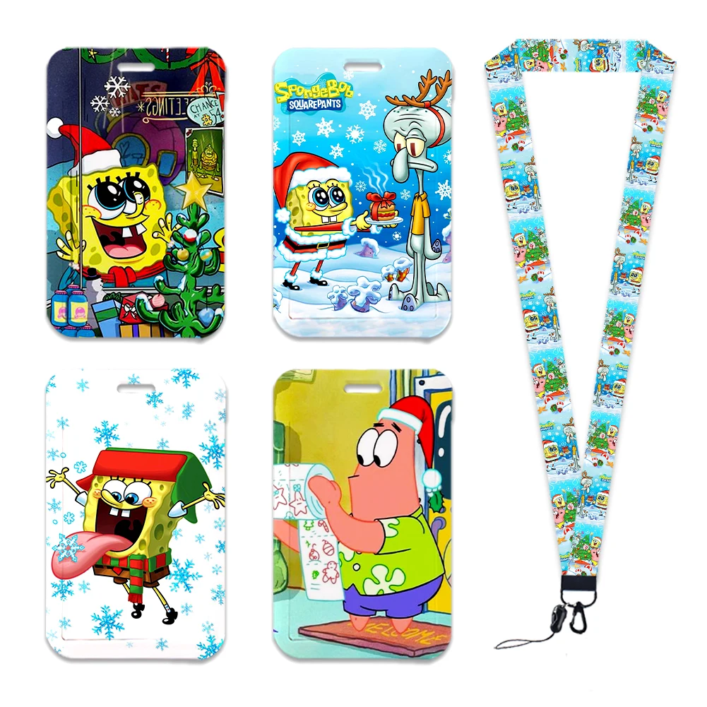 Christmas SpongeBob ID Card Employee Card Badge Holder ID Card Holder Lanyard Mobile Phone Keychains Lanyard Rope for Keys