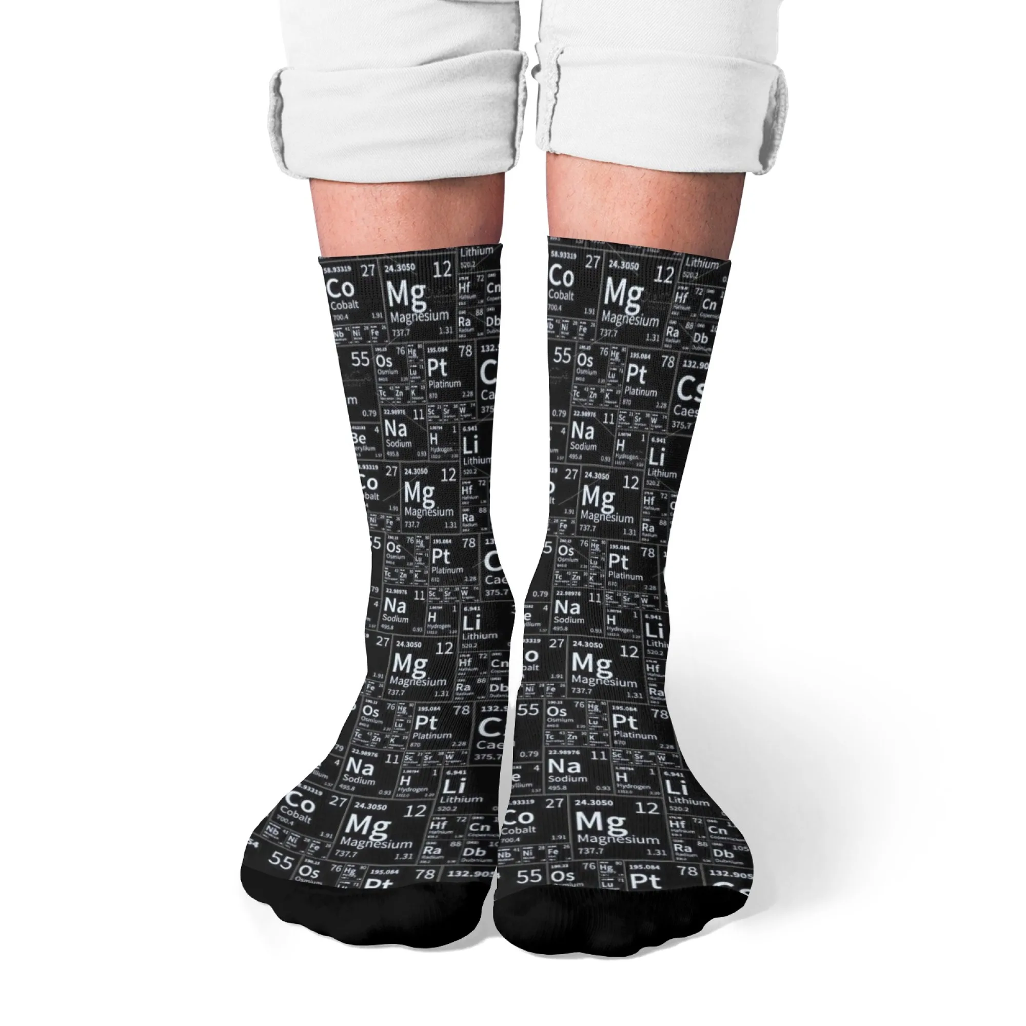 Unisex Science-Inspired Atomic Crew Socks – Bold Periodic Table Patterns, Black & White Chemistry Design for Enthusiasts!