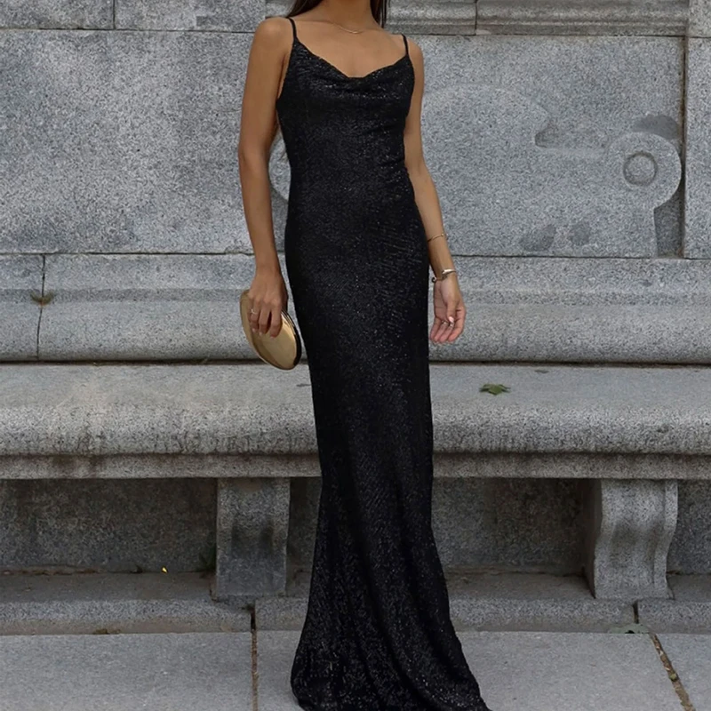 Vestido de Fiesta Ajustado sin Mangas con Escote Redondo, Estilo Veraniego, Nuevo 2026, Color Sólido, Informal, Elegante, con Hombros Descubiertos, Brillante y Largo