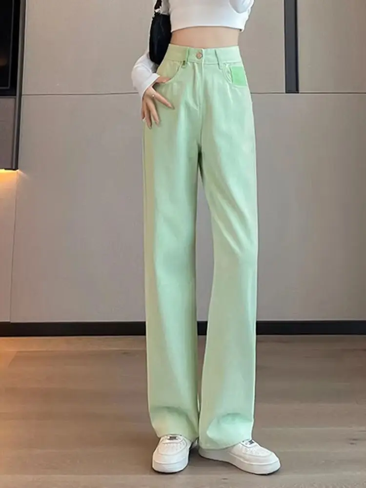 Beżowe, proste, eleganckie, postarzane jeansy damskie, nowość na wiosnę, klasyczne, z wysokim stanem, luźne, podstawowe, długie spodnie damskie z szerokimi nogawkami.