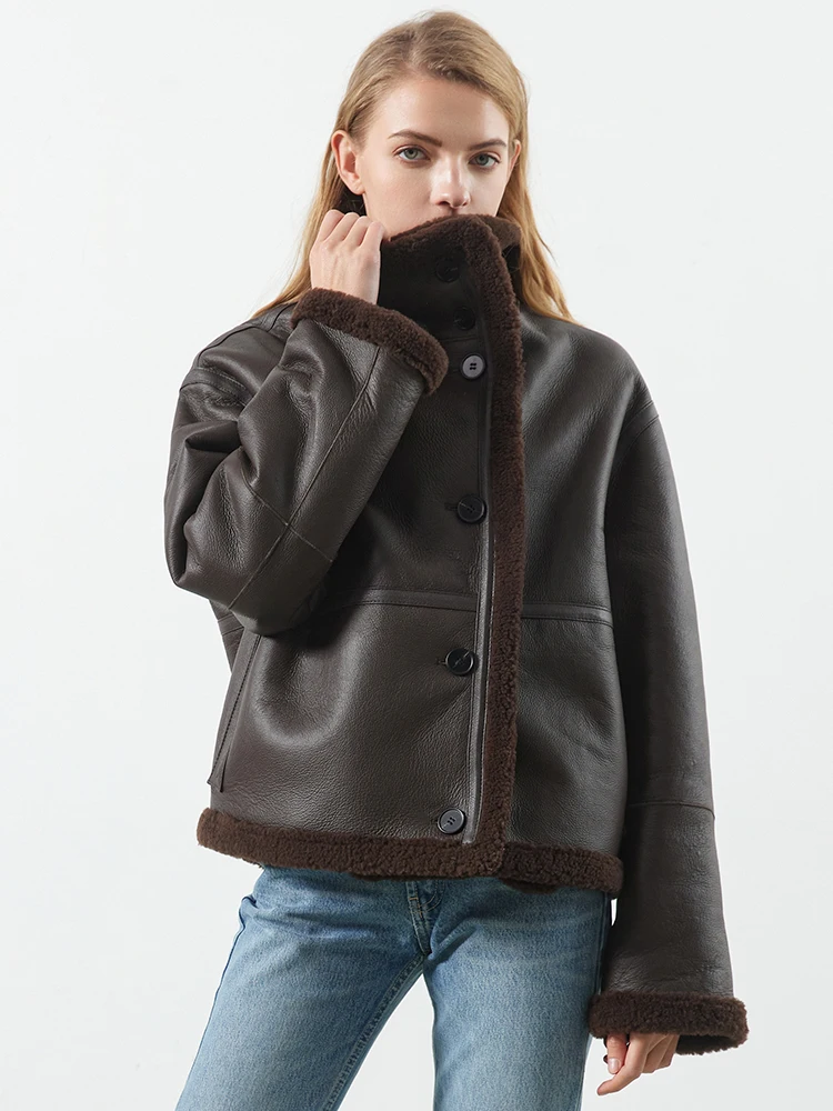 

High-end Luxury Merino Sheep Fur Motorcycle Jacket for Women Simple Double-sided Wear Short Winter Genuine Leather Real Fur Coat