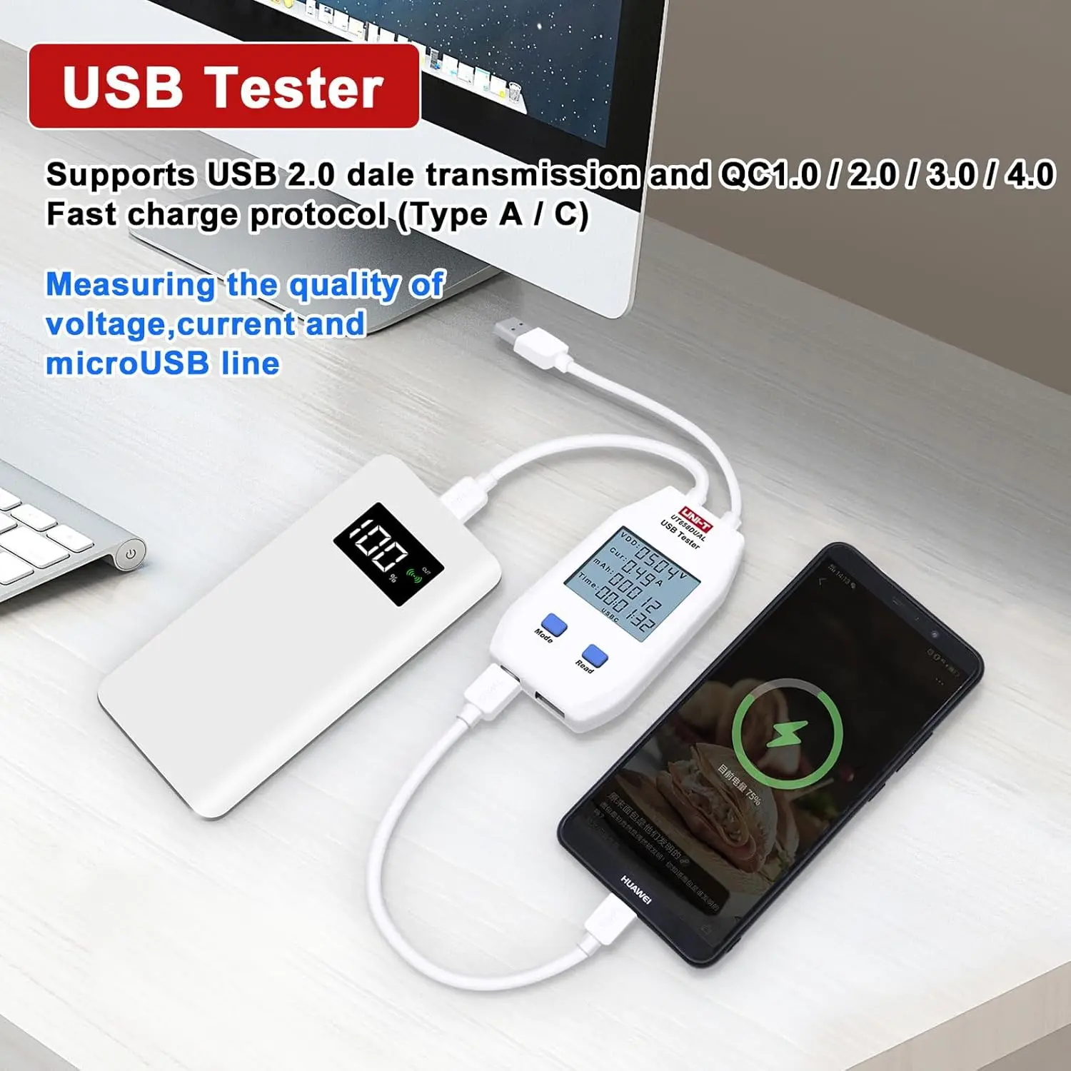 UNI-T UT658 Dual Portable Power Source Tester USB Type C LCD Digital Cable Voltage Amps Meter 4-24V DC Voltmeter Ammeter