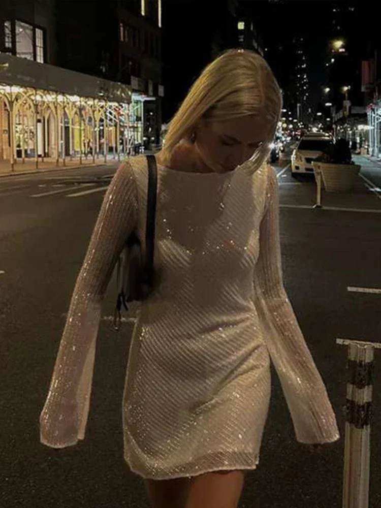 Female Elegant Women Evening Gown Sexy Sequin Mini Dress Women Slim Backless Sexy Round Neck  Vestidos Female Party Short Dress