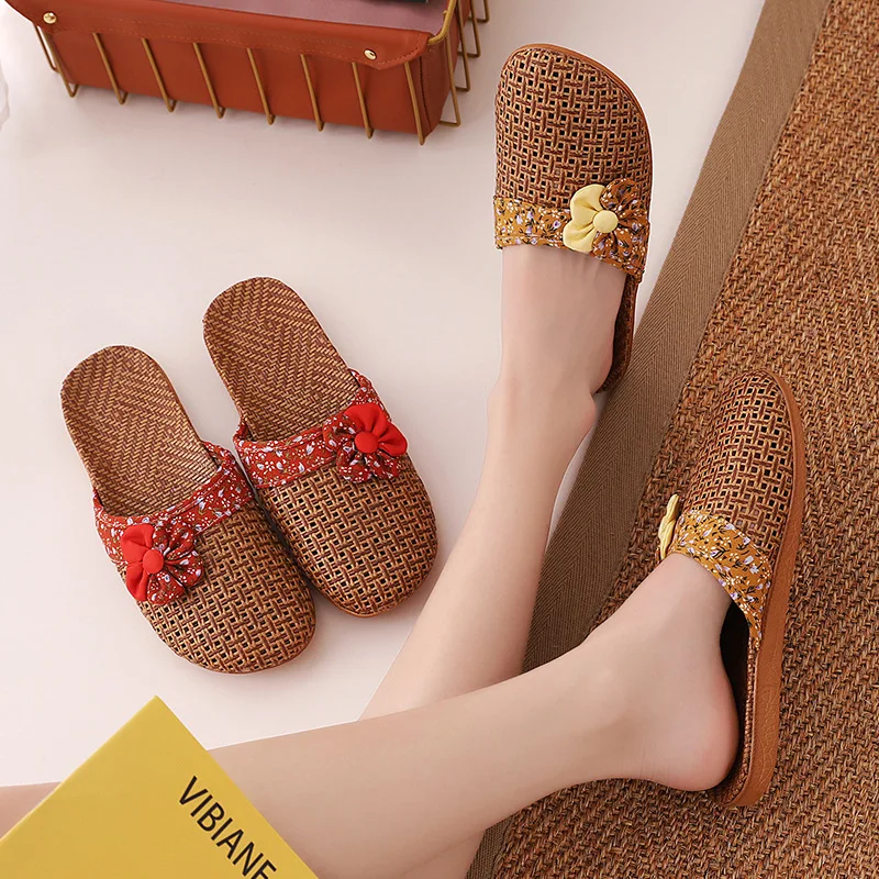 New Women Summer Female Casual Slides Floral Flax Flip-Flop Ladies Bow Sandals Woven Linen Home Slippers for Women Shoes