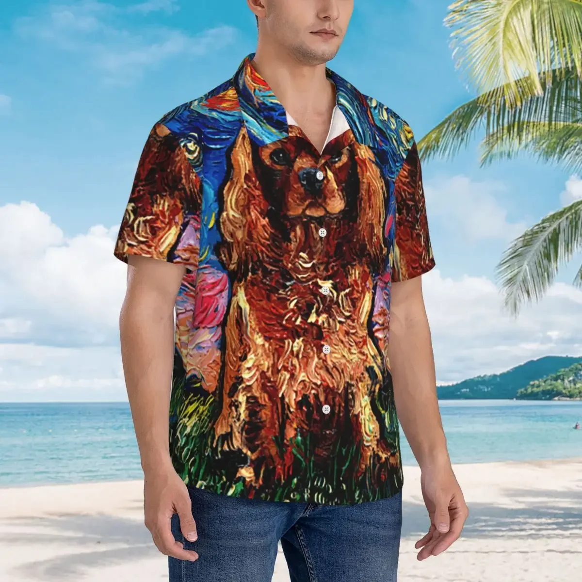 Ruby Dog Cavalier King Charles Spaniel Night Hawaiian Shirts Casual Men Short Sleeve Shirt for Summer Beach Men's Lapel Tops
