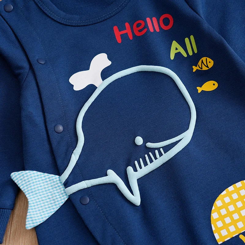 Baby Jumpsuit Cute Cartoon Three-Dimensional Whale Print Comfortable And Soft Spring And Autumn Long Sleeved 0-18mNewbornClothes