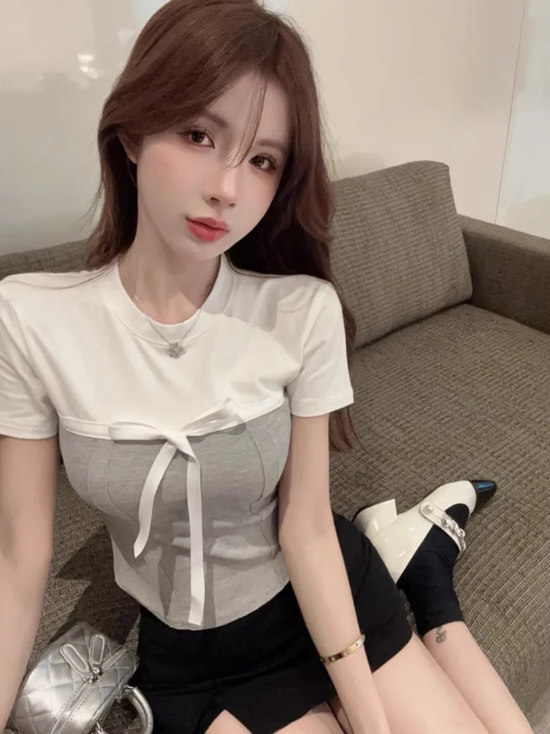 Summer New Women Slim Short Sleeve Shirt Round Neck Bow Tie Detail Color Block Patchwork Sweet Basic Inner Top