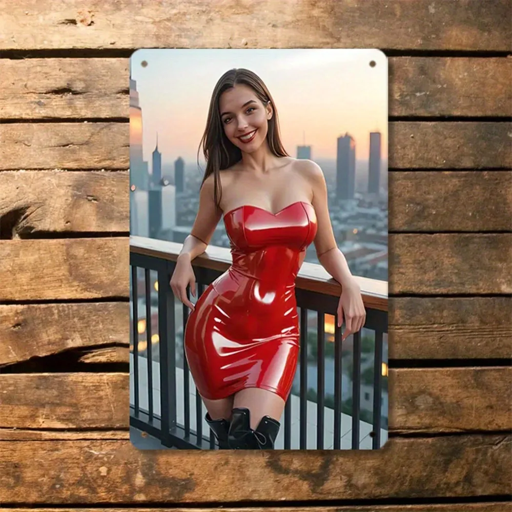 Elegant Women Iron Wall Art 8x12 Inch Red Off-Shoulder Robe Metallic Plaque Cityscape Glossy Home Bar Cafe Garage Decor