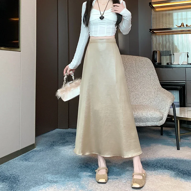 Satin Skirt Women 2025 Spring Autumn New High Waist A-shaped  Slim Long Skirty2k Streetwear Party