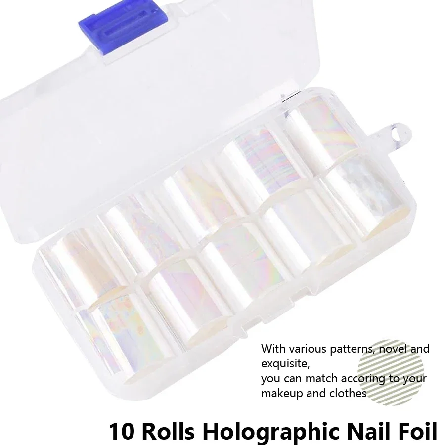 Set di 10 fogli per unghie olografici 2,5x100 cm adesivi per trasferimento di colore AB trasparenti sfumati per decalcomanie per nail art per manicure