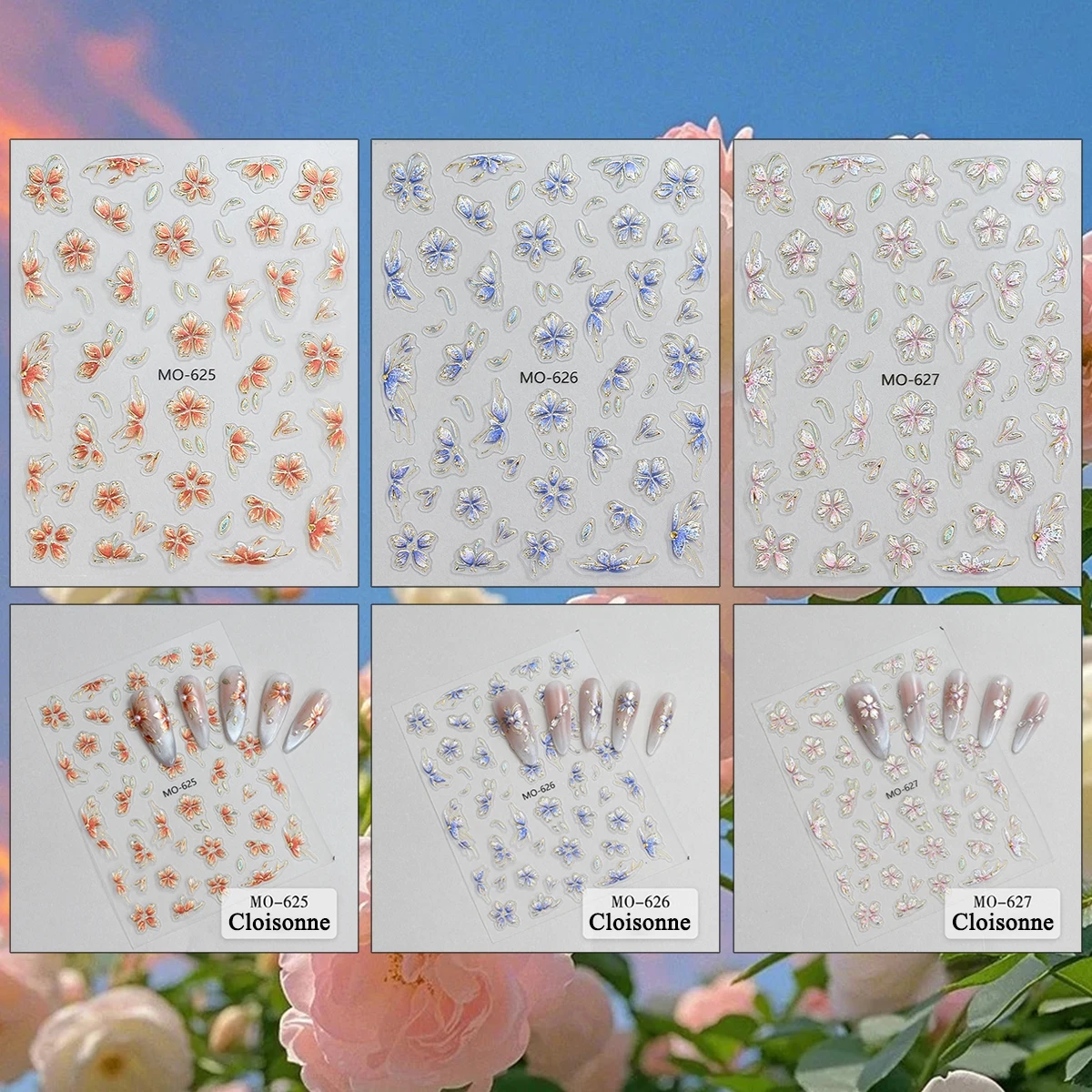 3/6/12 Sheets 5D Embossed Flower Butterfly Nail Stickers Iridescent Gold Outline Floral Self Adhesive Spring Nail Art Decals
