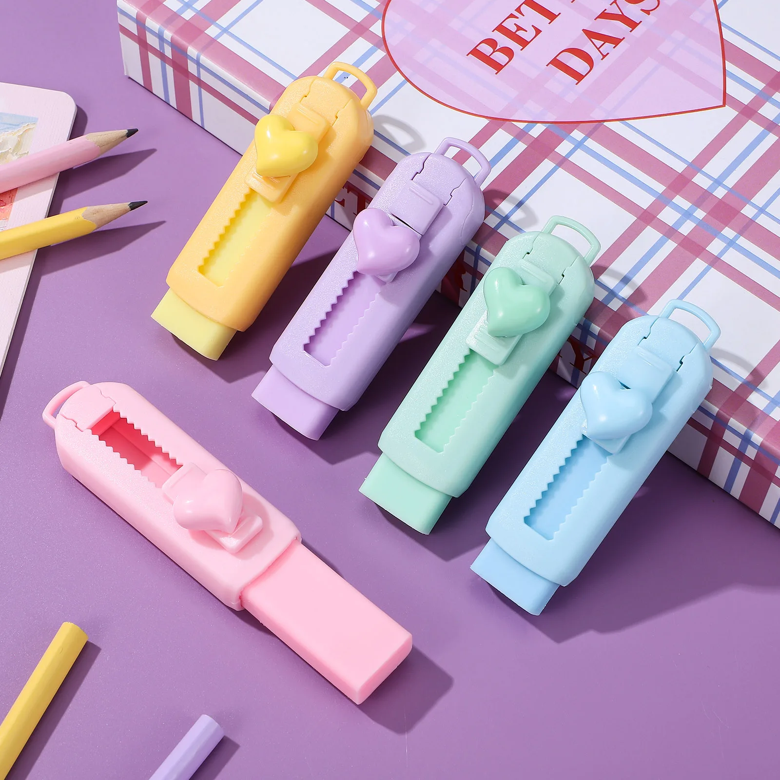 

5 Pcs Retractable Pencil Erasers Cute Colors Fast Erasing Comfortable Grip Compact Portable School Office Supplies