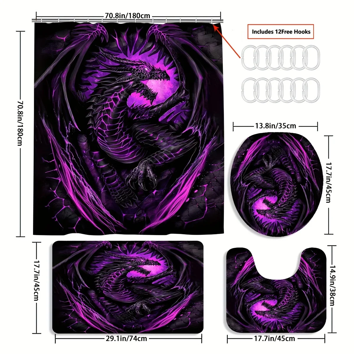 Evil Flying Purple Dragon Dream Bathroom Set - Waterproof Shower Curtain, Toilet Lid, Bath Mat, and Contour Mat