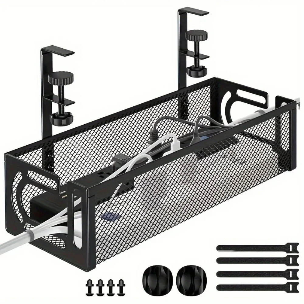 Classic Style Under-Desk Cable Organizer Rack, Easy-Install Metal Wire Mesh Storage Shelf for Power Strips & Routers