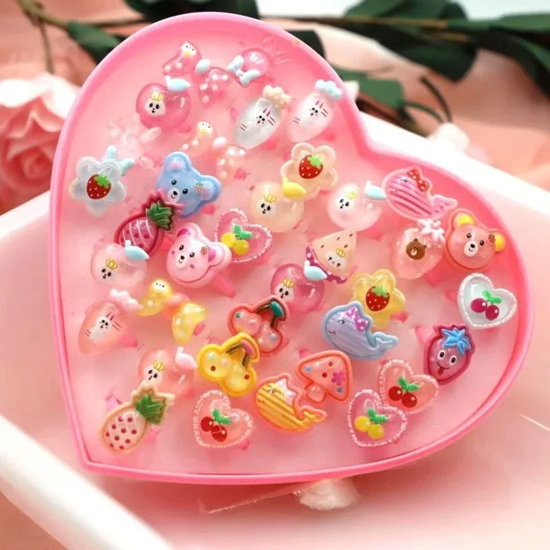 36 pezzi/scatola per bambini, animali dei cartoni animati, anelli con gemme, gioielli colorati, anelli in lega regolabili per ragazze e ragazzi