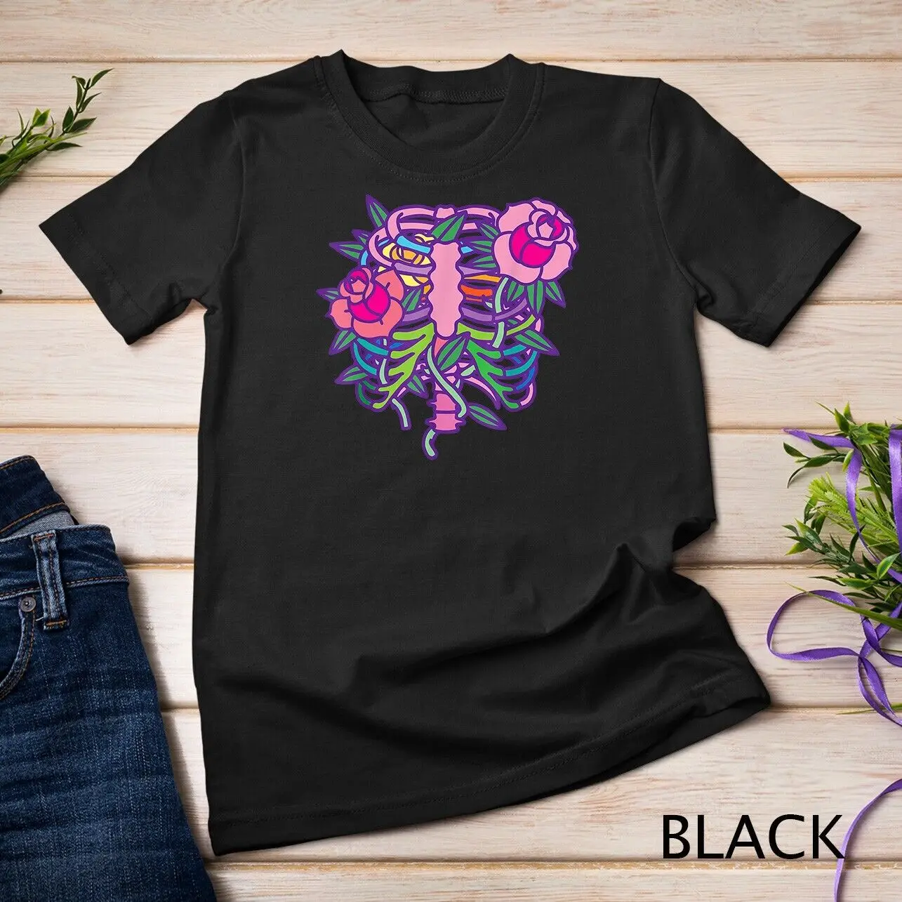 Pastel Goth Aesthetic Anime Rib Cage Flowers T-Shirt Unisex T-shirt