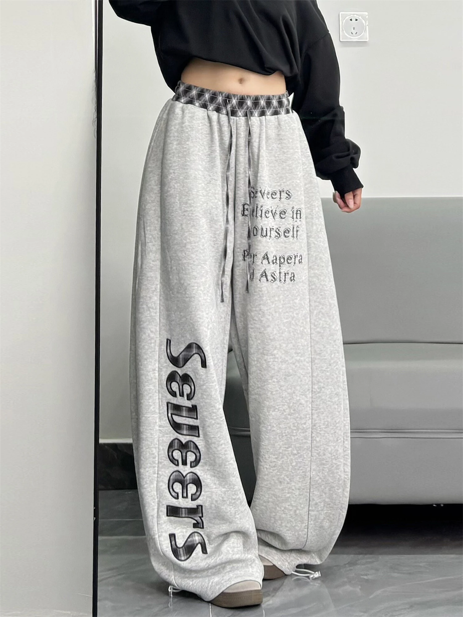 Y2K Women's New Style Sweatpants Plaid Waist Drawstring Letter Print Seveers Graphic Baggy Wide Leg Casual Streetwear Trousers
