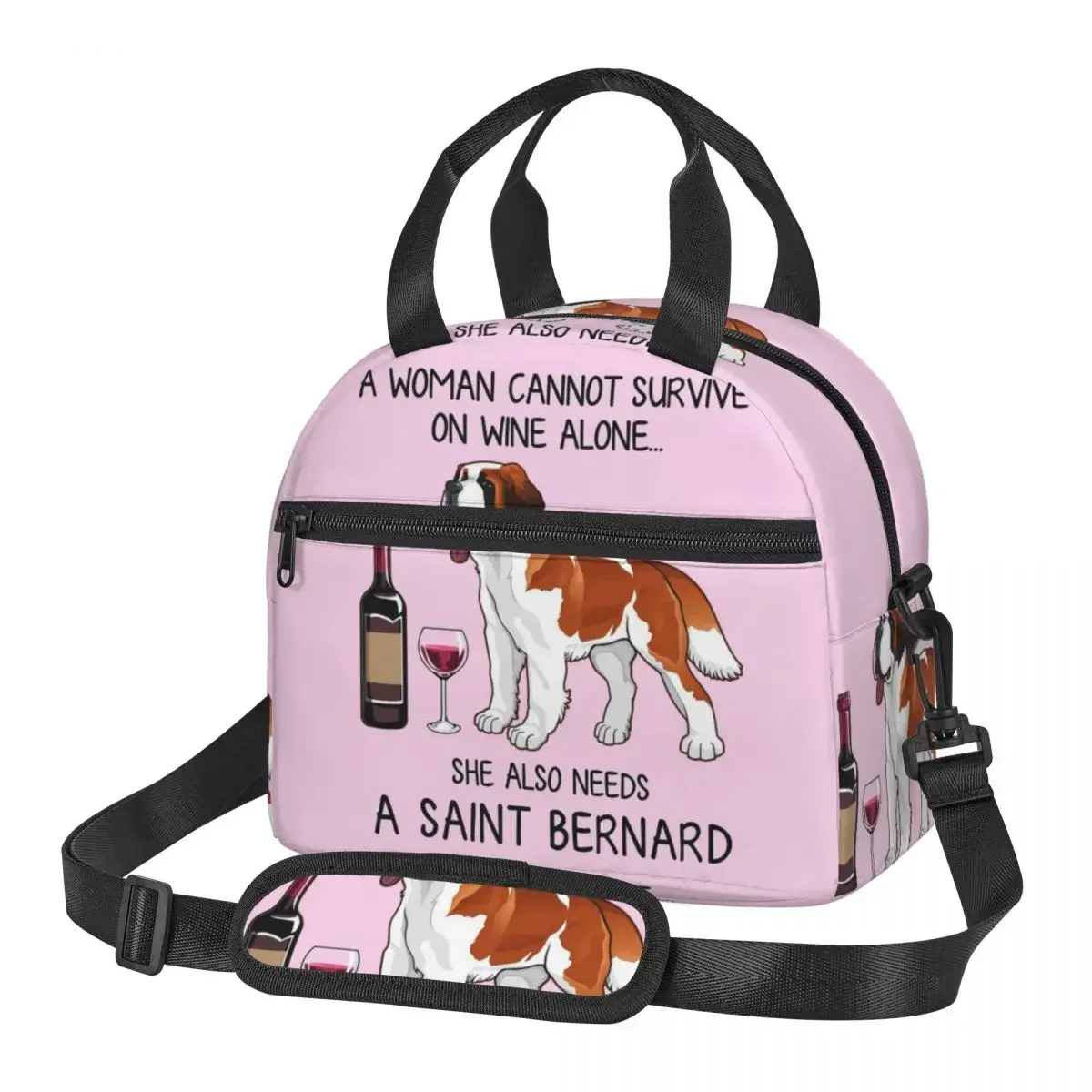 

Saint Bernard And Wine For Dog Mom Lunch Bags Insulated Bento Box Leakproof Lunch Tote Picnic Bags Cooler Bag for Woman School