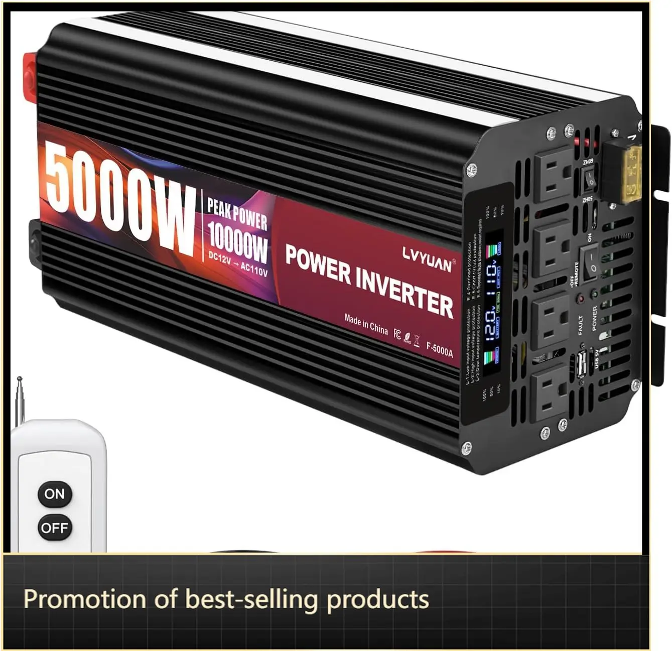 

Power Inverter 12V To 110V 120V Vehicle Solar RV Truck Off Grid Camping 5000 Watt 4 AC Outlets LCD Display Wireless Remote Contr