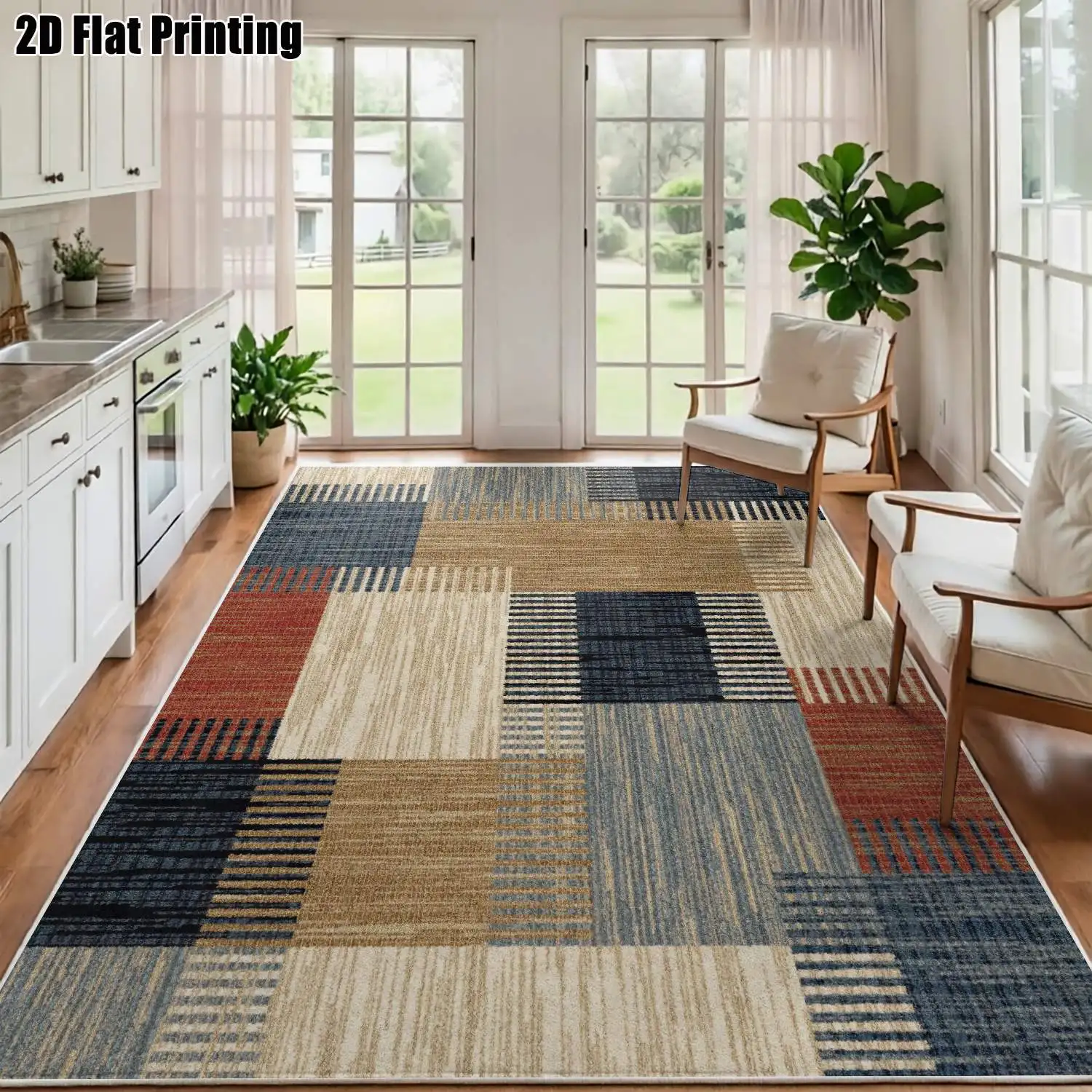1Pc 2D Printed Velvet Geometric Stripe Carpet: Nordic, Instagram-Style, Modern Minimalist, Vintage European Home Decor Mat, Multi-Size, Machine Washable, for Entrance, Dining, Foyer, Living Room, Bedroom, Study