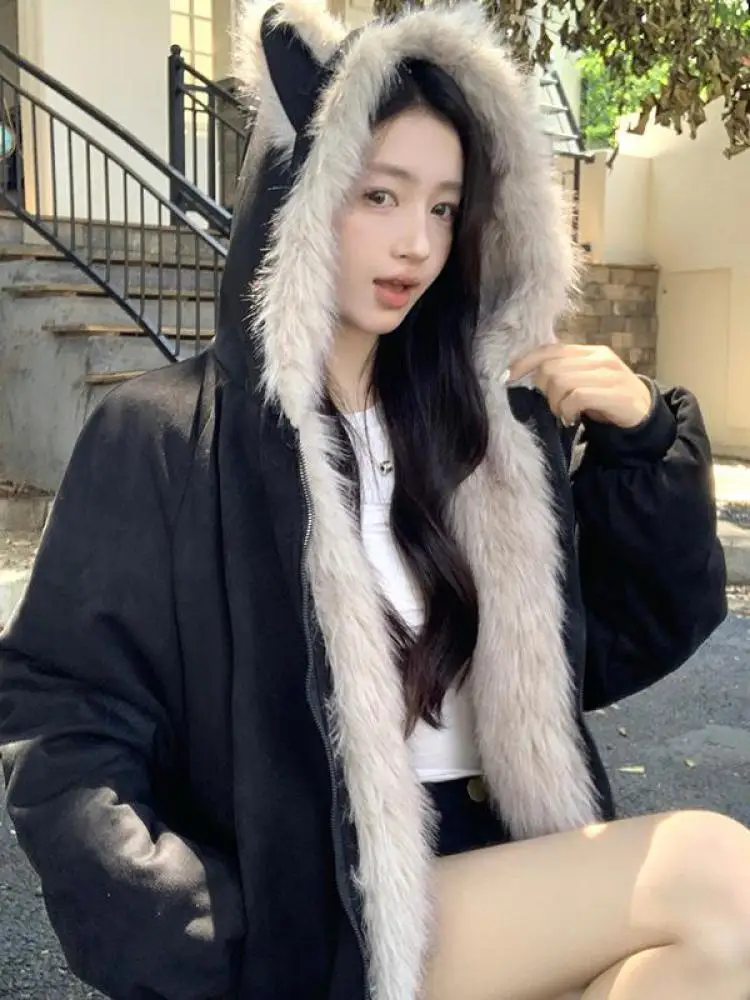 

Простое модное женское зимнее черное бархатное универсальное короткое хлопковое пальто с капюшоном, новая корейская версия, праздничные топы на молнии с длинными рукавами