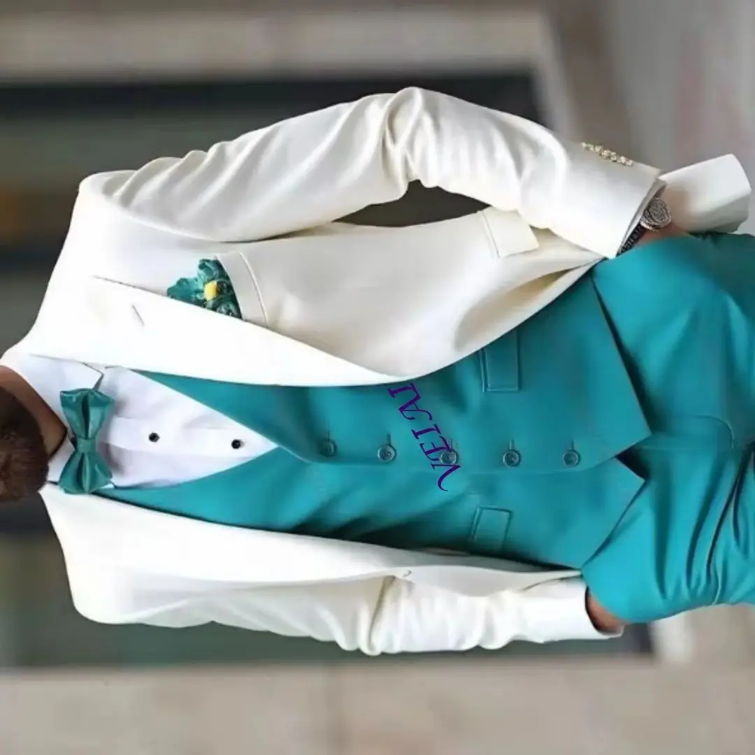 

Customized New White And Blue 3 Piece Men's Tuxedo Set - Formal Occasion Groom Groomsman Wedding Party Prom Male Suit with Blaze