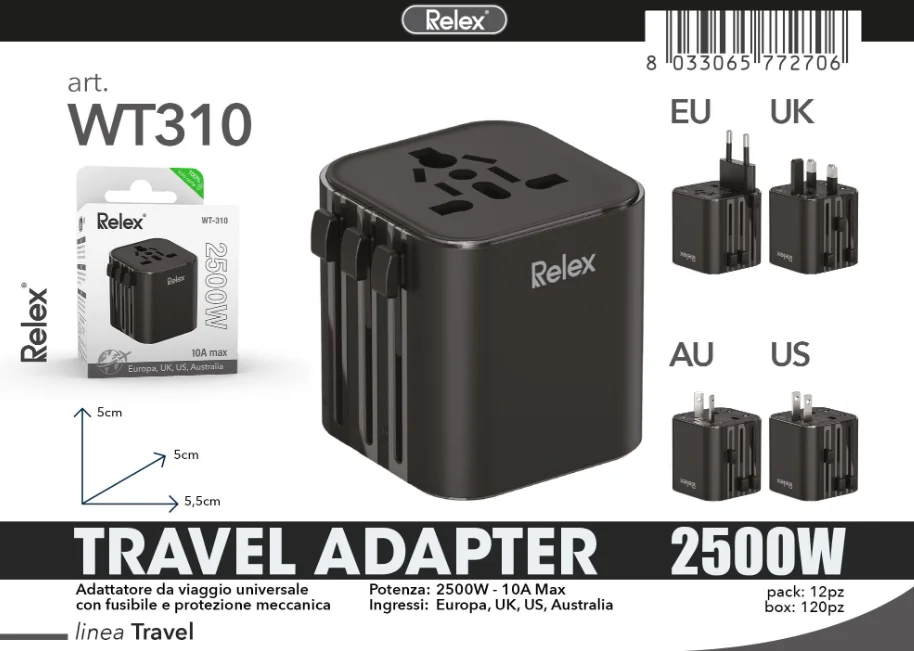 Adattatore universale da viaggio 2500W 10A con fusibile integrato, 4 in 1, per prese di corrente EU, UK, US, AU, ideale per viaggi di lavoro all'estero.
