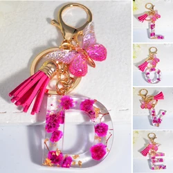 Exquisite 26 Initial Pink Dry Flower Resin Keychain Butterfly Tassel Pendant A to Z Letter Keyring for Women Valentine Day Gift