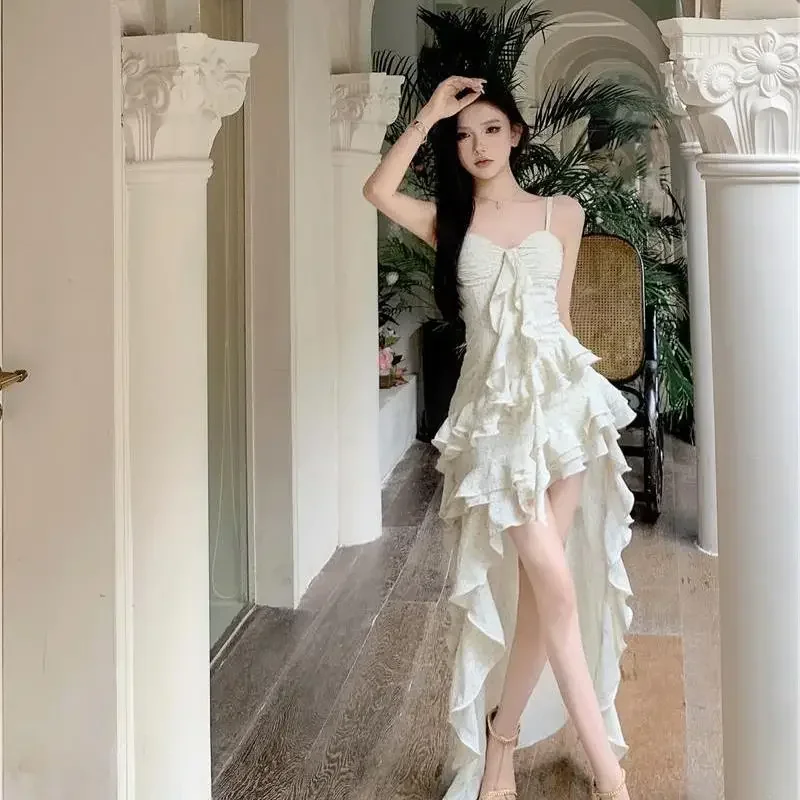 Elegant Ruffle Hem Camiชุดผู้หญิงY2KเกาหลีChic Patchwork Midiชุดฤดูร้อนใหม่ดอกไม้ไม่สม่ําเสมอBeach Vestidos