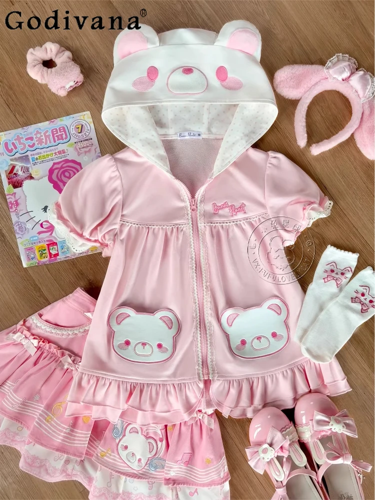 

Japanese Soft Girls Kawaii Pink Hooded Jacket Summer New 2025 Sweet Girls Cute Cartoon Daily Short-sleeved Top Mini Skirts Set