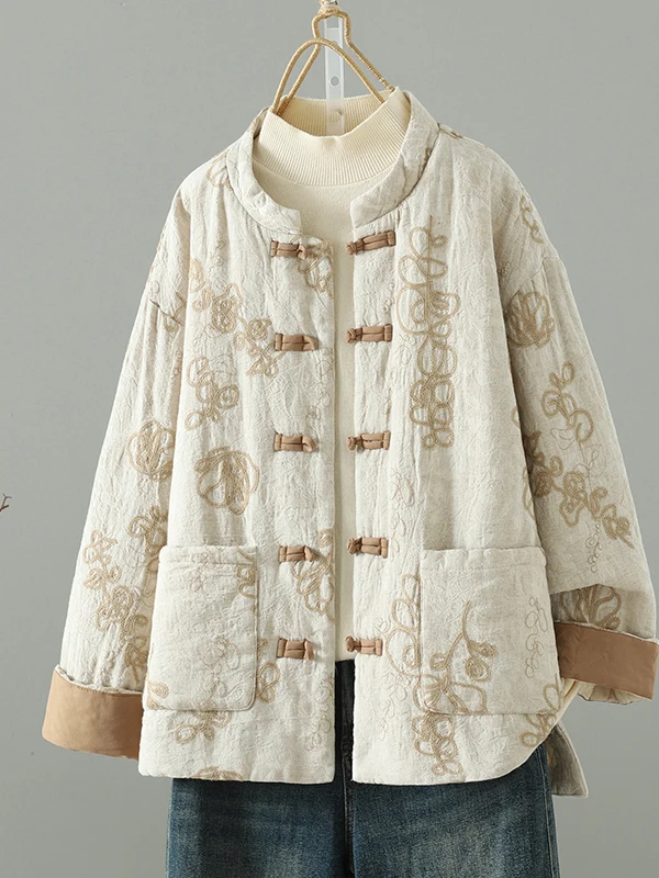 Authentic New Chinese Sle National Print Cotton Jaet Autumn Winter Thiened Long Sve Stand Collar Single Button Coat