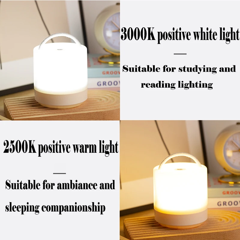 LED Touch Switch Rechargeable Bedside Lamp 3-color Stepless Dimming Eye Protection Night Lamp with Drawstring Portable Desk Lamp