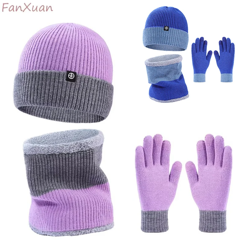 3pcs Winter Hat Snood Glove Sets for Women and Men Beanies Bicolor Knit Double Layer Plush Fleece-lined Winter Cap Sets Scarf