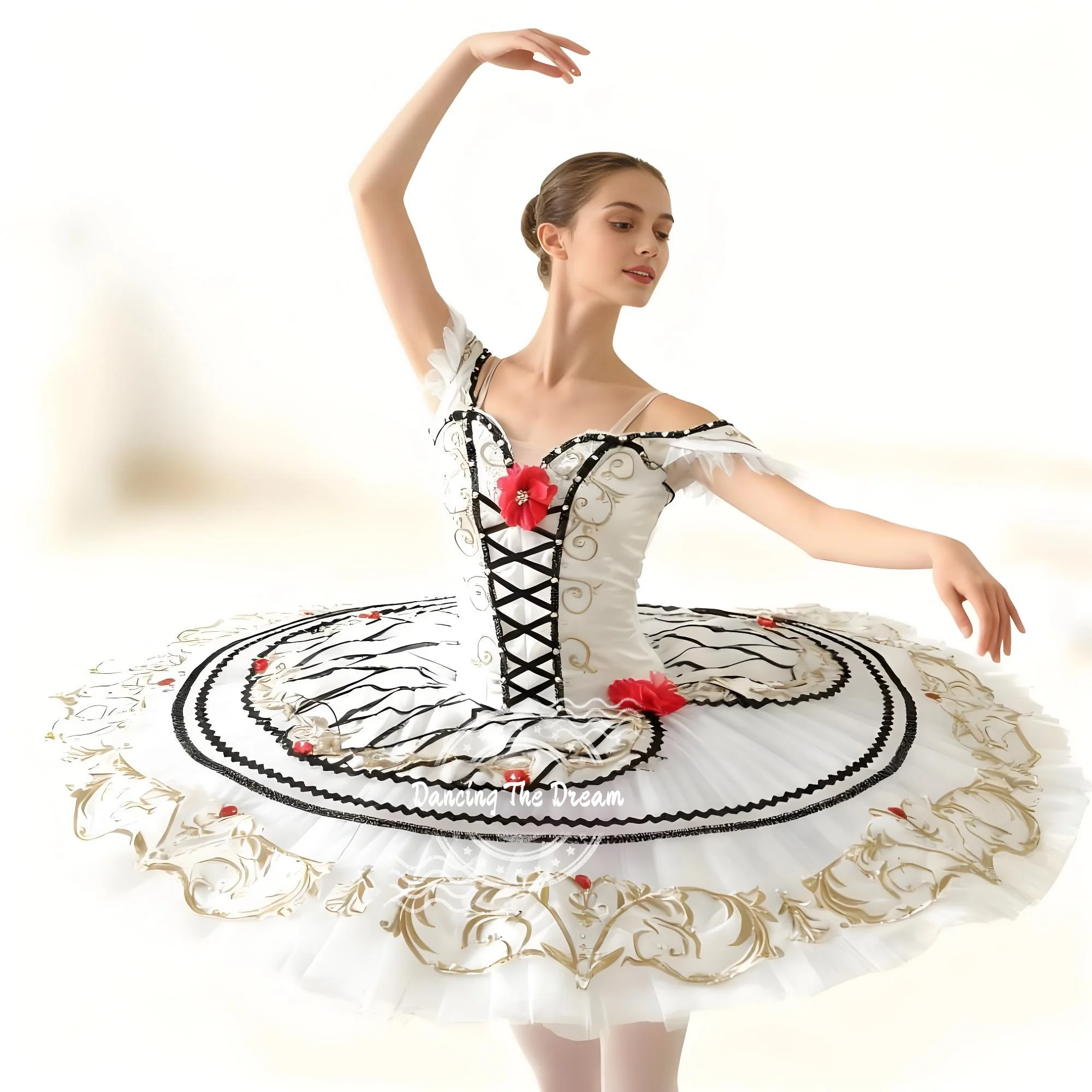 

White Black & Gold Embroidered Ballet Tutu Dress with Red Floral Details for Women Elegant Party Costume
